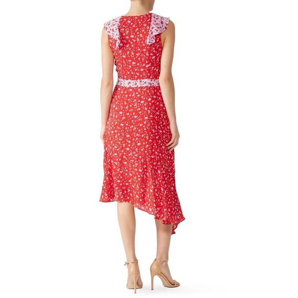 Parker Jennifer Kaia Print Ruffle Combo Wrap Midi Dress Red/Pink Women's Size 6 - Picture 2 of 10